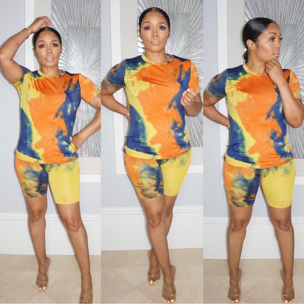 Tye dye short set • orange, gold, and blue